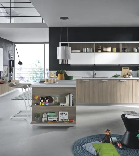 Cucina Moderna con penisola Fun in materico rovere e laccato bianco di Snaidero