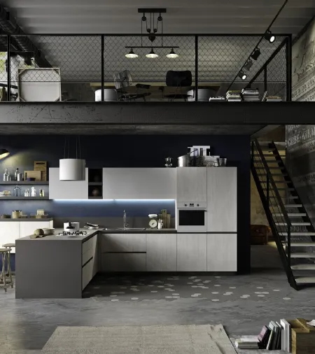 Cucina Moderna con penisola Joy 02 in materico rovere bianco gessato e grigio di Snaidero
